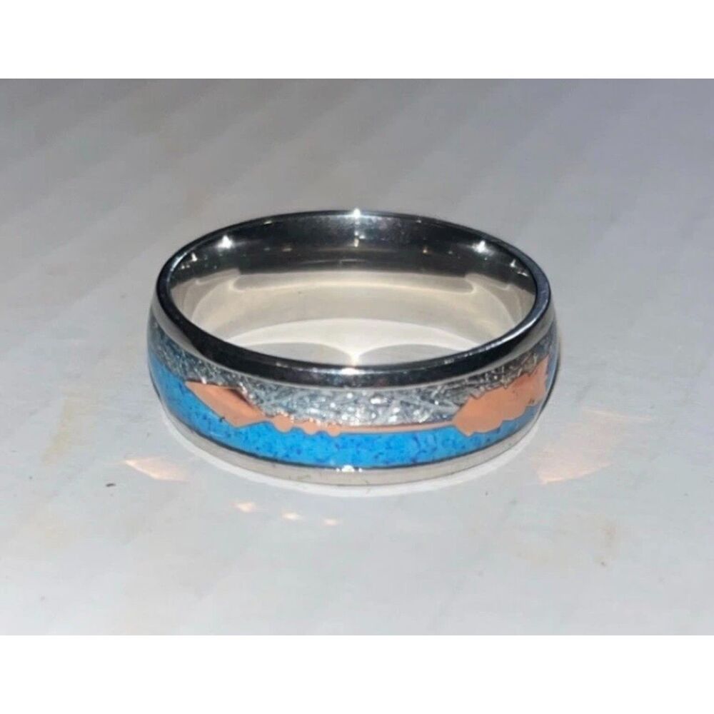 Turquoise Meteorite Ring Rose Gold Inlay Tungsten Carbide Mens Size 13